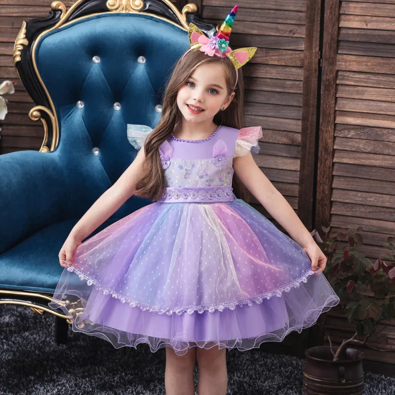 Kids Toddler Girls Fashion Party Cute Sweet Color Unicorn Pleated Sleeveless Mesh Party Tutu Dress