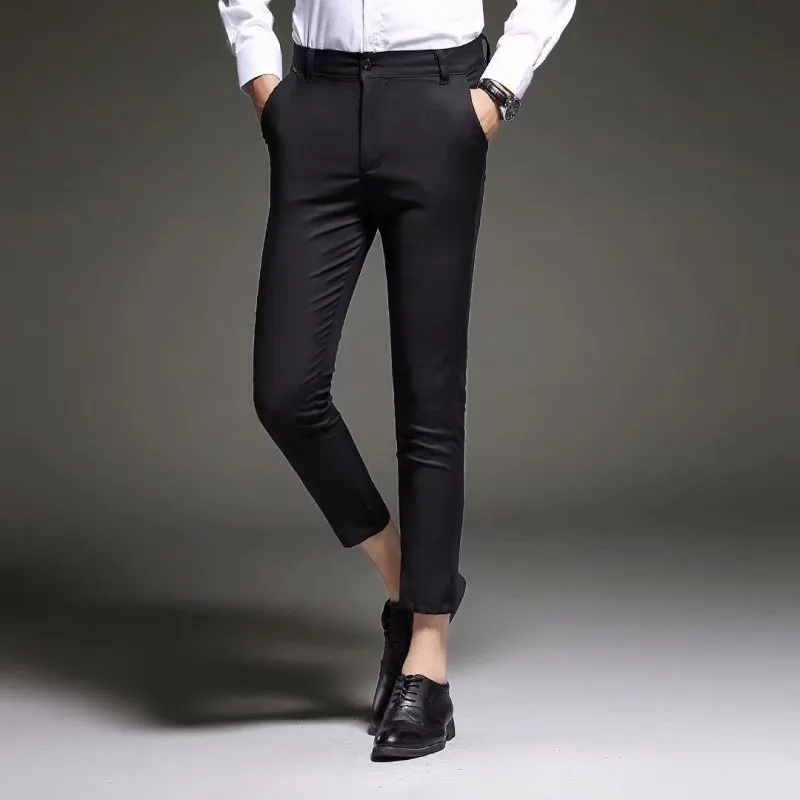 Men Casual Slim Solid Color Mid Waist Pants