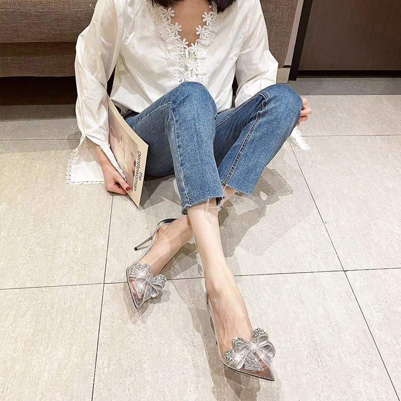 Women Fashion Sexy Transparent Rhinestone Pointed Toe Stiletto Pumps