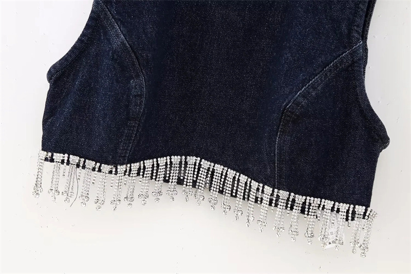 Women'S Sexy Edgy Rhinestone Tassel Sleeveless Denim Top