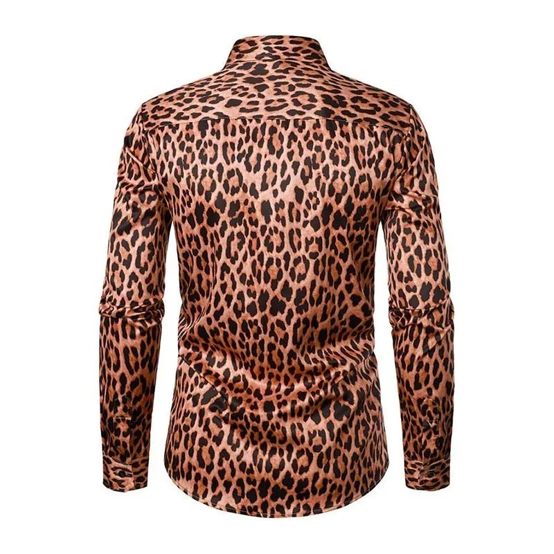 Men Fashion Casual Leopard Long Sleeve Lapel Shirt