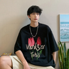 Men Fashion Casual Basic Letter Flower Pattern Short Sleeve Round Neck Loose T-Shirt