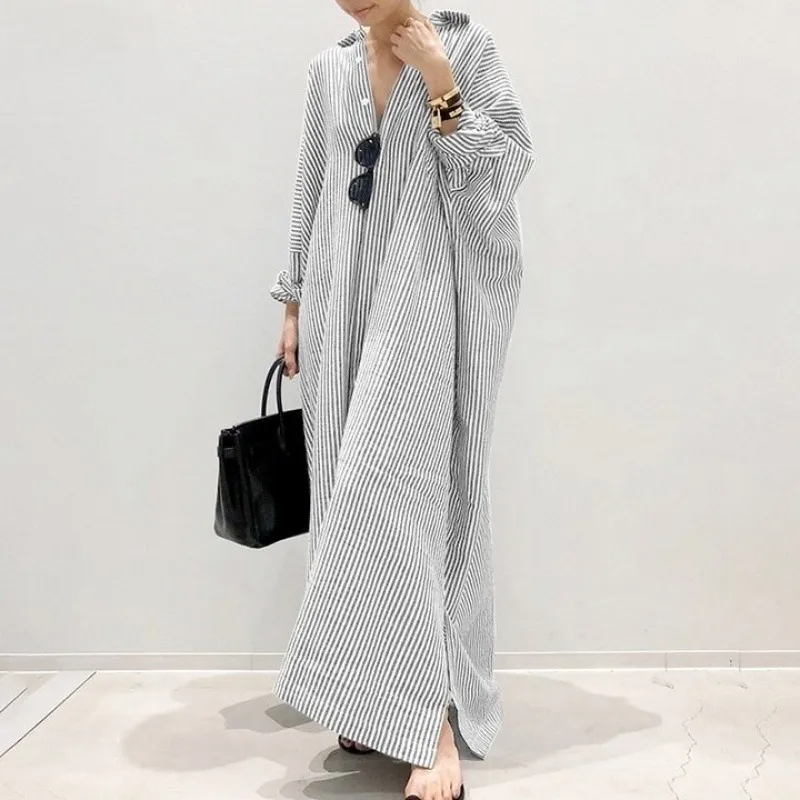 Women Ramadan /Eid Fashion Casual Loose Stripe Cardigan Long Sleeve Maxi Dress