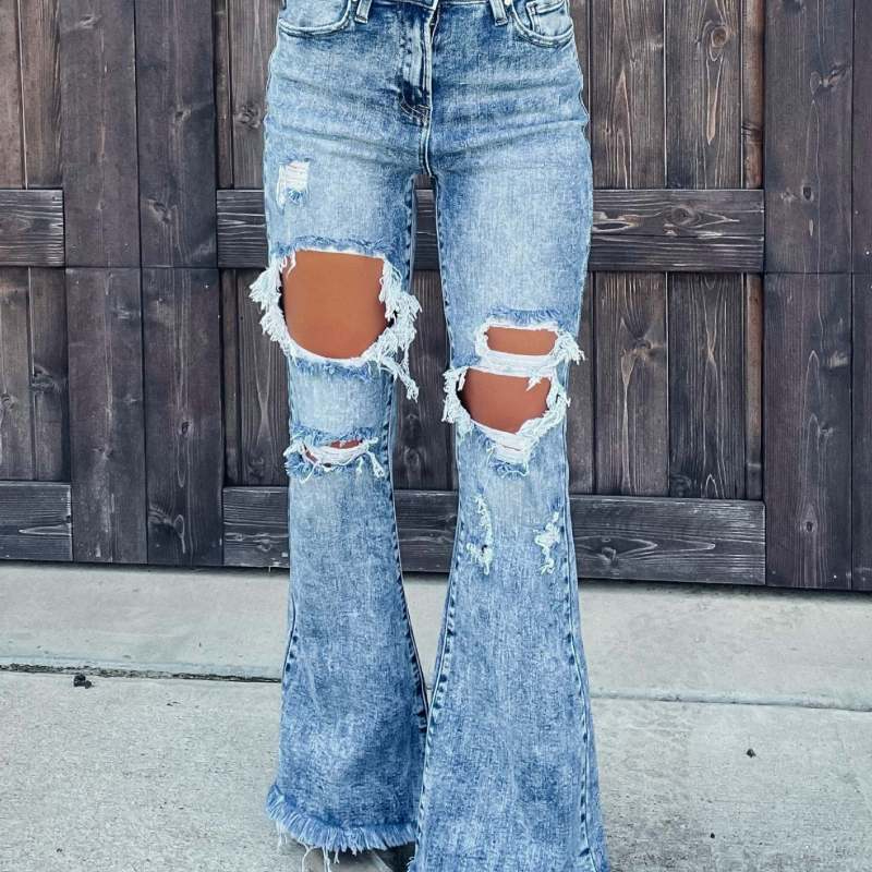 Women'S Casual Ripped Cut Out Flared Jeans