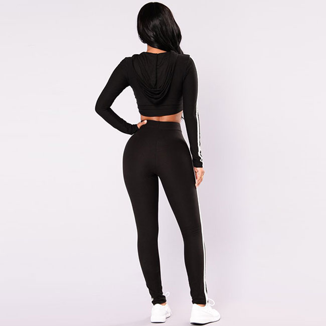 Hooded Lace-Up Long-Sleeve Crop Top And Tight Leggings Two-Piece Sets