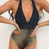 Women Sexy V-Neck Backless Graphic Printing Halter Neck One-Piece Swimsuit