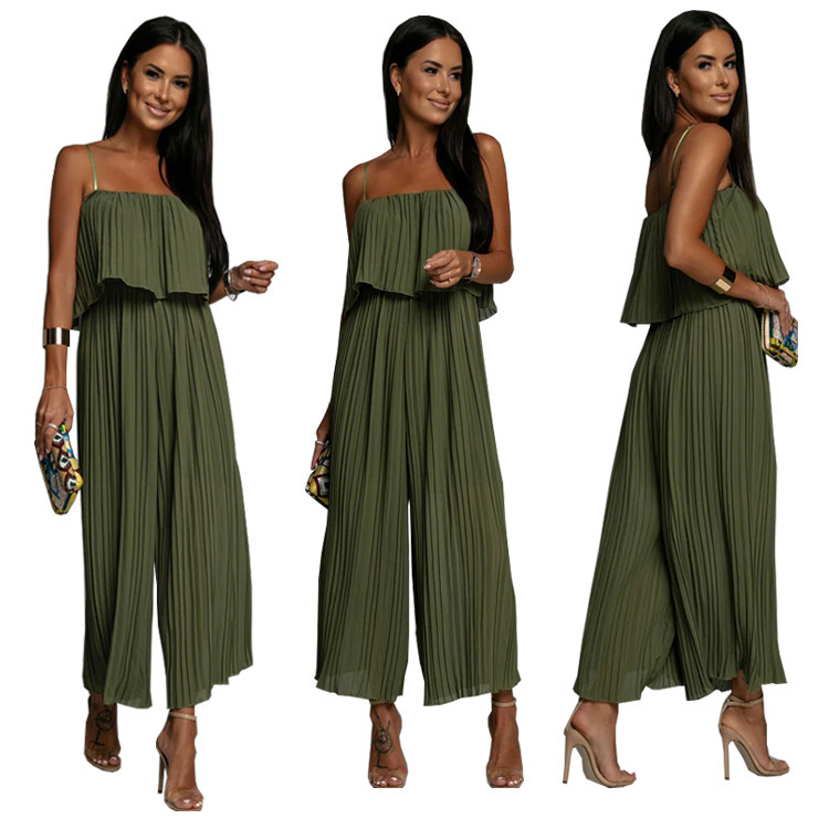 Women Strap Tube Top Pleated Loose Jumpsuit