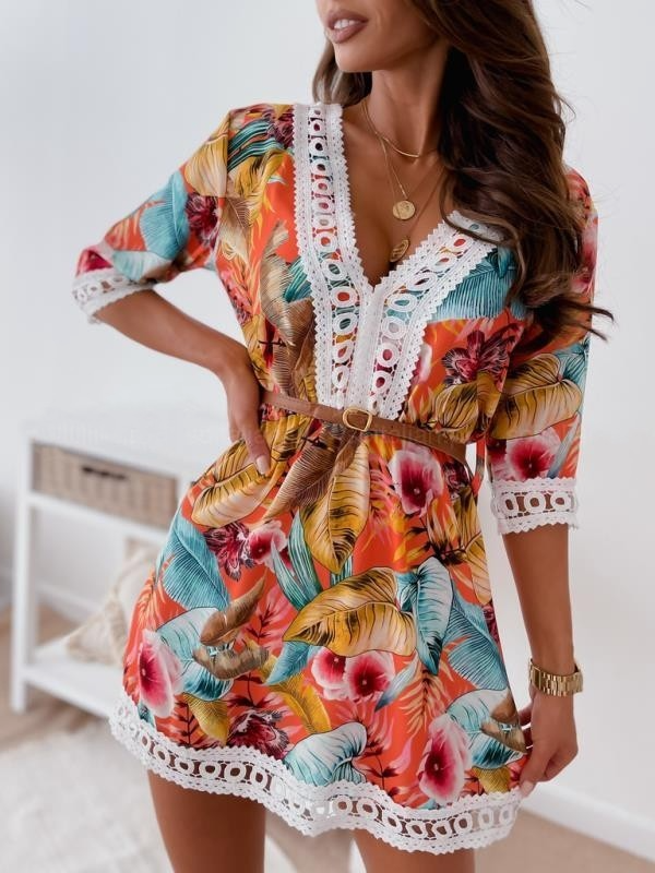 Women Fashion Casual Boho Floral Printed V-Neck Short Sleeve Dress