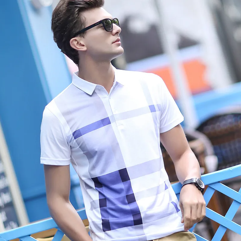 Men T-Shirt Lapel Plaid Short-Sleeved Cotton T-Shirt Summer T-Shirt