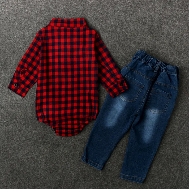 Kids Baby Boys Autumn Winter Fashion Casual Bow Tie Plaid Lapel Long Sleeve Romper Jeans Set