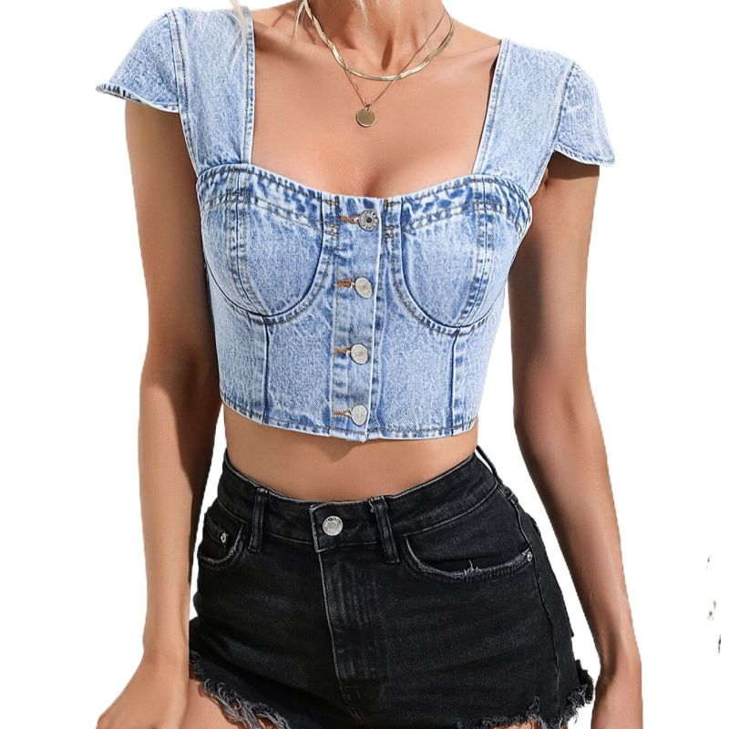 Women Fashion Sexy Backless Denim Cropped Top