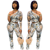 Women Fashion Sexy Tie Dye Printed Creased One-Shoulder Long Sleeve Top And Pants Two-Piece Set Clothing