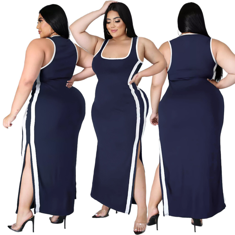 Women Casual Summer Plus Size Color Contrast Side-Slit Stripe Maxi Dress