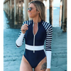 Fashion Long Sleeve Women'S Stripe Printed Stitching Color Stand Collar Zipper One-Piece Swimsuit