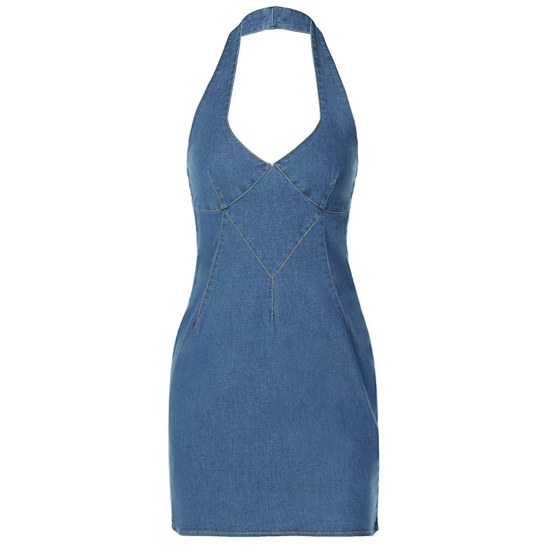 Women Denim Halter Neck V-Neck Fashion Waist Casual Dress