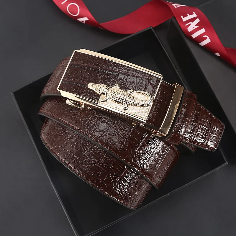 Men Business Cowhide Crocodile Metal Buckle Belt