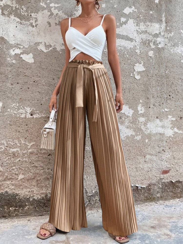 Women Fashion High Waist Solid Color Pleated Wide-Leg Pants