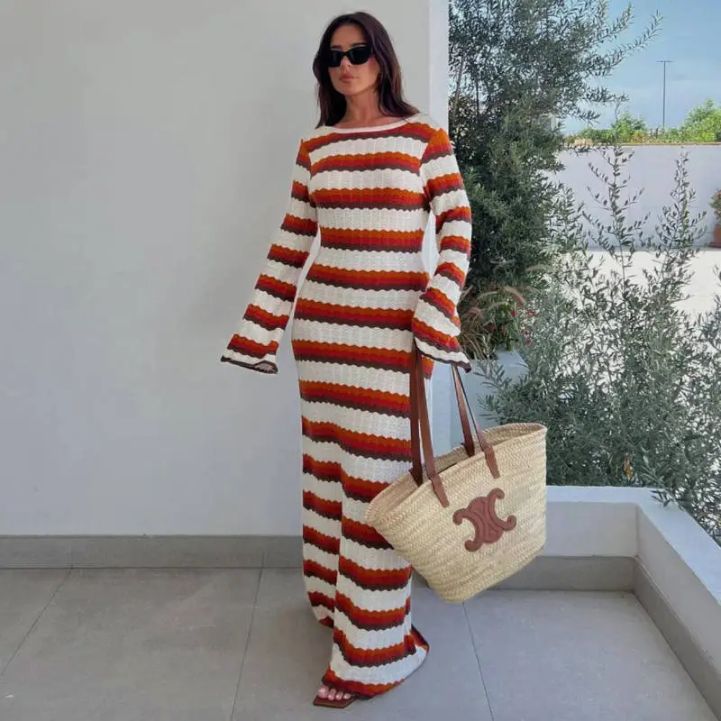 Women Ramadan /Eid Fashion Sexy Stripe Color Block Knit Dress