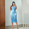 Women'S Fashion Sexy Faux Denim Printing One Shoulder Midi Dress