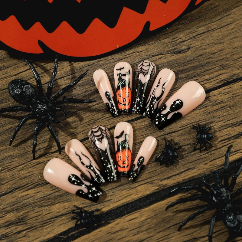 ( Buy 1 Get 2 ) Women Fashion Halloween Black Flame Heart Cobweb Pumpkin Bat Wearable False Nails