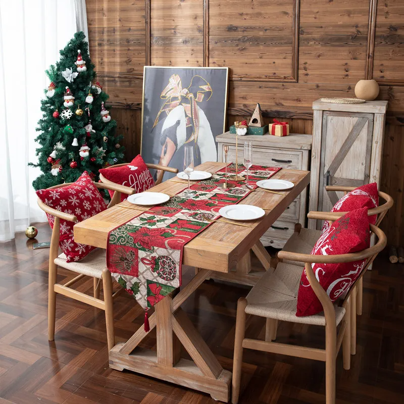 Yarn-Dyed Jacquard Christmas Flower Pattern Table Decoration Cover Towel Tablecloth Tableware