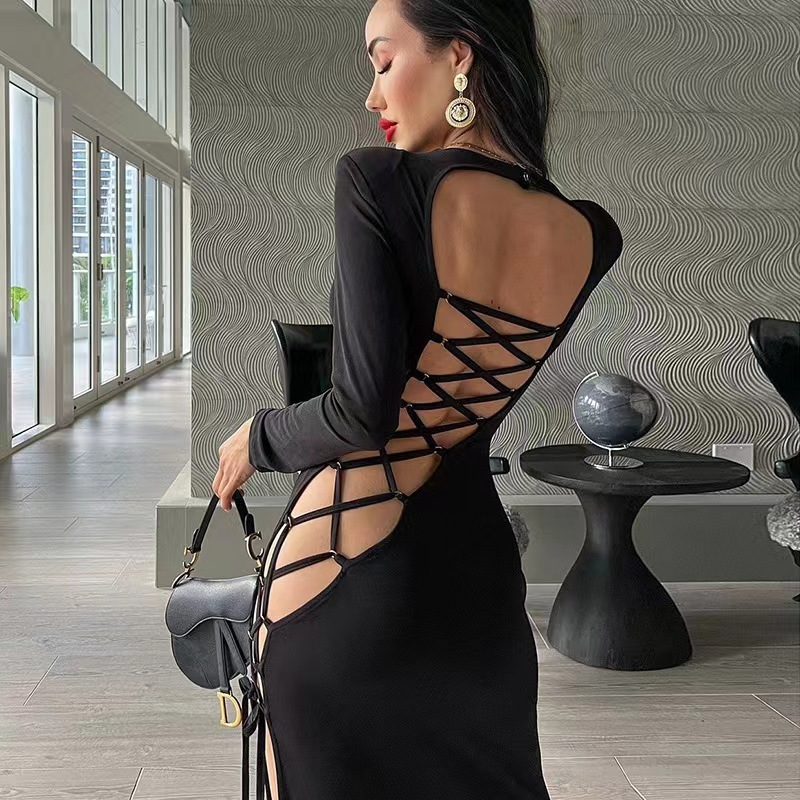 Women Fashion Sexy Long Sleeve Backless Slit Bandage Dress