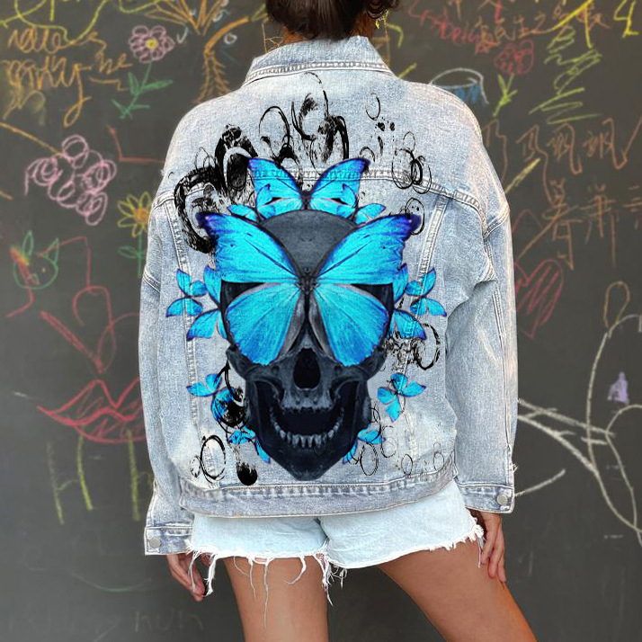 Women Casual Long Sleeves Graphic Butterfly Printed Single-Breasted Denim Jacket