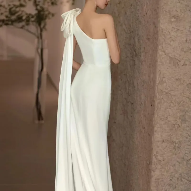 Women One-Shoulder White Satin Sweep Length Wedding Evening Dress