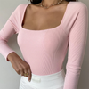 Long-Sleeve Solid Color Rib-Knit Square Neck Long Sleeve Women Bodysuit