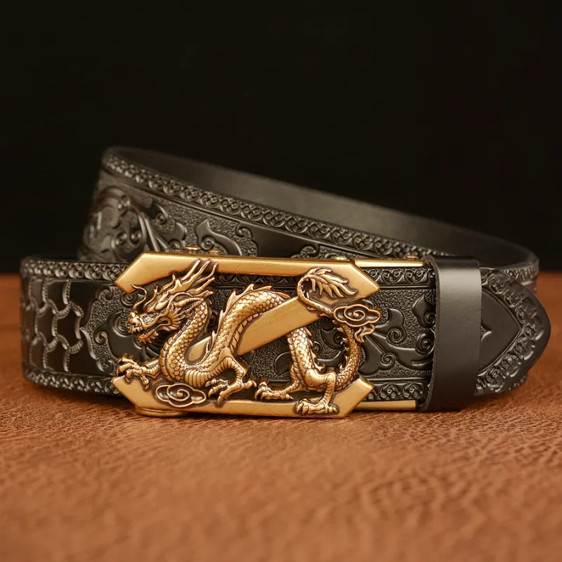 Men Fashion Casual Business Solid Color Embossed Leather Dragon Metal Buckle Belt