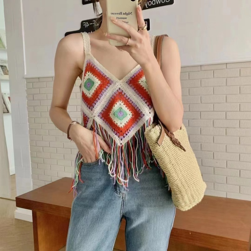 2 Pieces Women Summer Holiday Bohemian Style Crochet Hollow Knitted Tassel Sleeveless Top