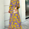 Casual Elegant Women Long Sleeve Lantern Sleeve Top Loose Graphicl Printing Skirt Set