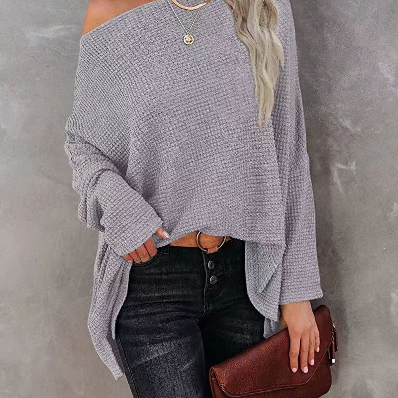 Women'S Casual Off Shoulder Dolman Long Sleeve Waffle Knit Oversized Pullover Tops