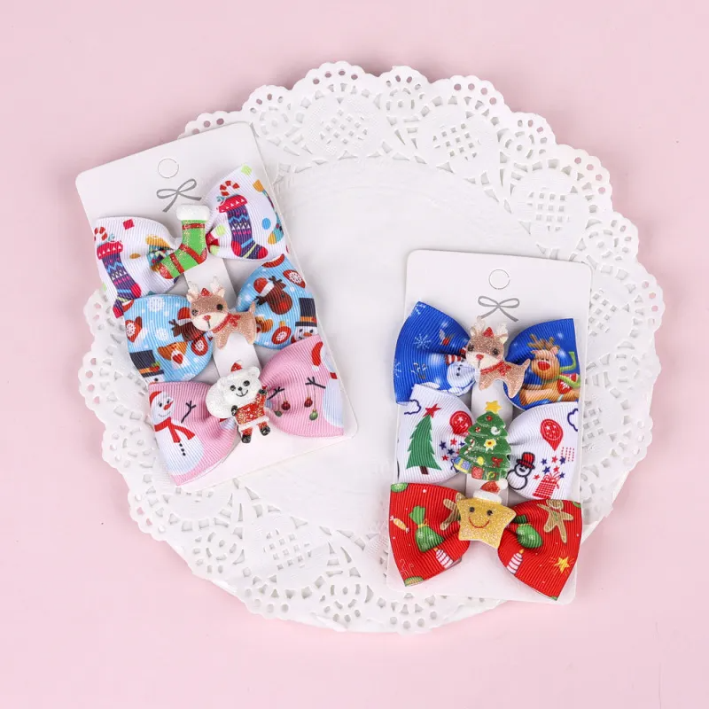 Kids Christmas Bow Hairpin Elk Print Clip Three-Piece Paper Card Set