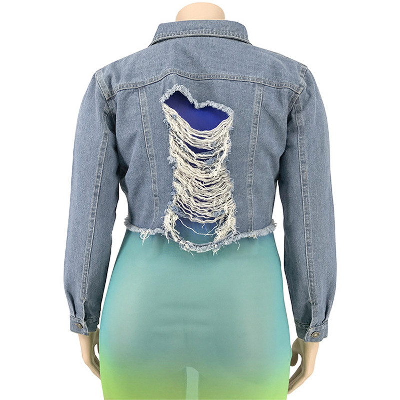 Women Fashion Lapel Long Sleeve Ripped Denim Jackets