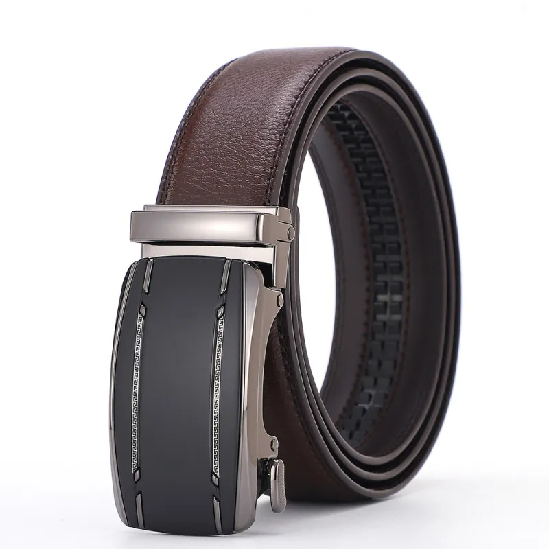 Men Fashion Casual Business Solid Color Leather Automatic Metal Buckle Belt