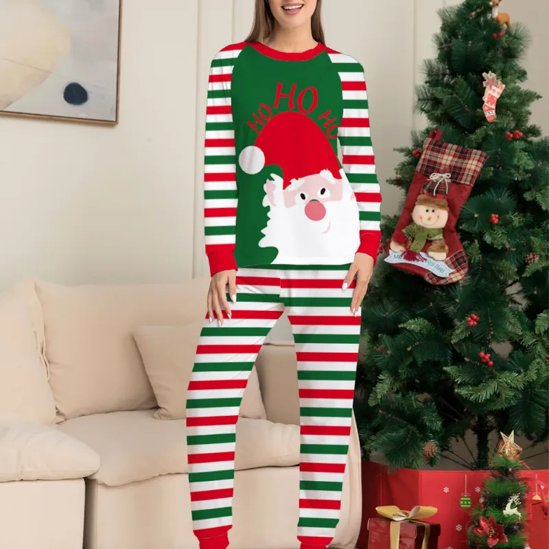 Christmas Cartoon Fashion Stripe Santa Claus Print Round Neck Long Sleeve Home Pajamas Parent-Child Suit