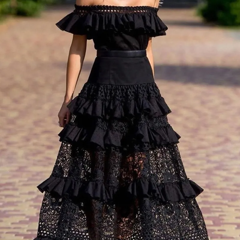 Summer Women One-Shoulder Ruffles High Waist Hollow Maxi Lace Gown Dress