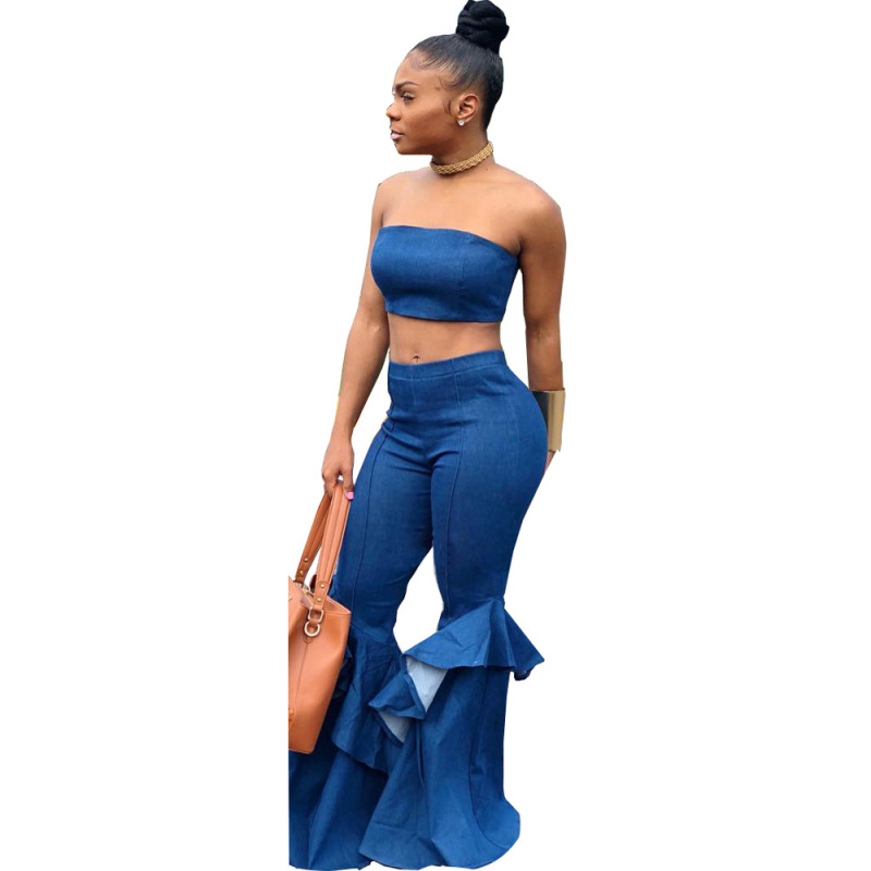 Sexy Women Tube Top Flared Jeans Two-Piece Denim Set