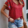 Fashion Women Summer Casual Boho Floral Printed V-Neck Short-Sleeved Loose Blouse