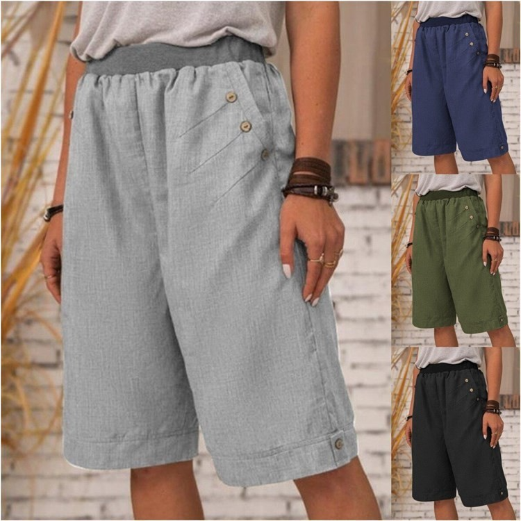 Women Basic Summer Vacation Solid Color Casual Loose Straight-Leg Shorts