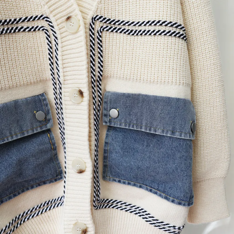 Women  Loose Stitching Denim Knit Cardigan