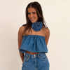 Women Fashion Sweet Summer Flower Decor Denim Tube Top