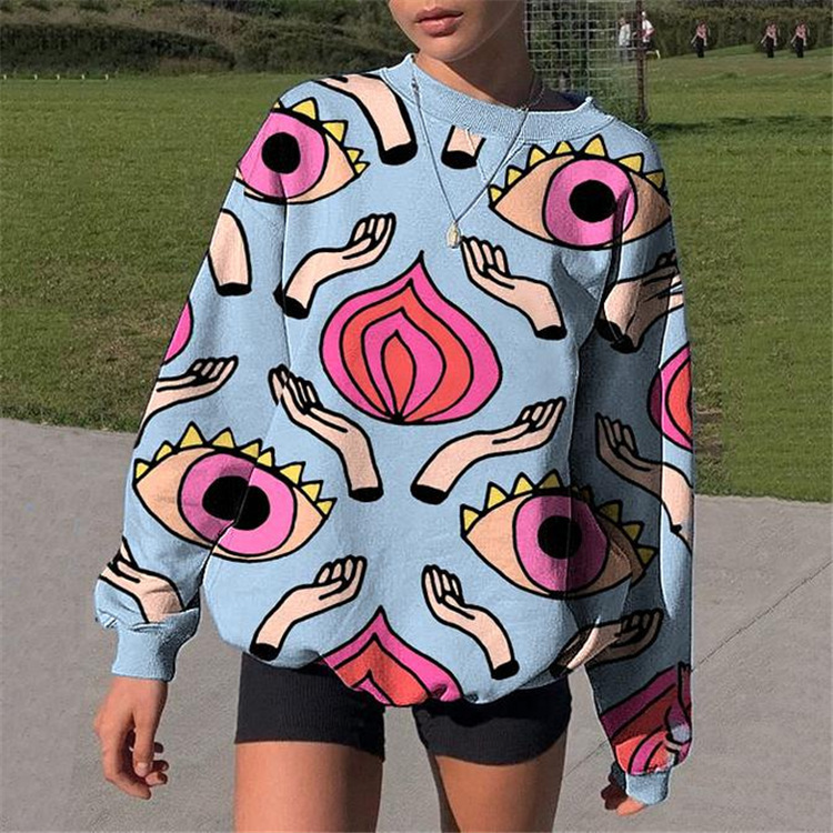 Women Printed Round Neck Long Sleeve Loose Casual Top Sweatshirt