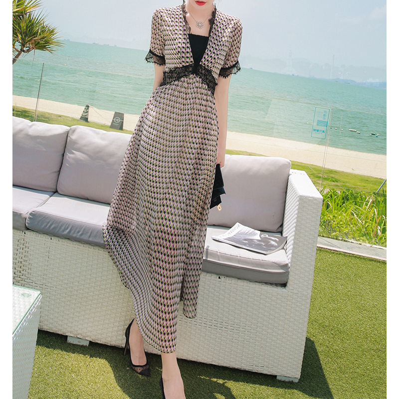 Women Elegant Casual Loose Printed Square Neck Short Sleeve Mid-Length Lace Defined Waist Dress