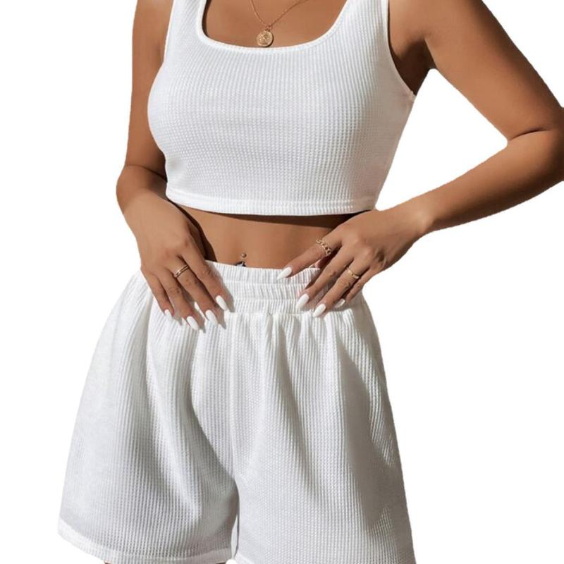 Women Fashion Casual Athleisure Summer Vacation Sleeveless Tank Top Loose Shorts Solid Color Rib-Knit Basic Set