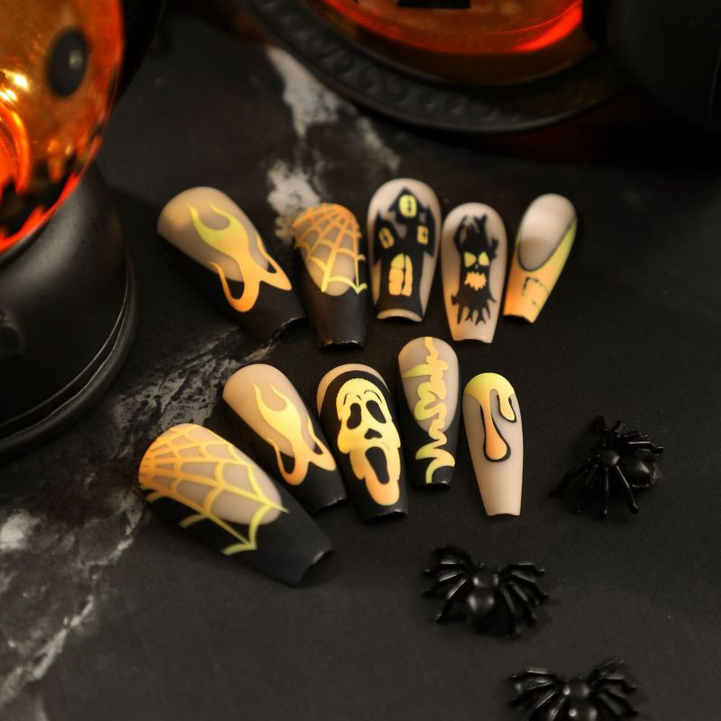 ( Buy 1 Get 2 ) Women Fashion Halloween Frosted Black Skull Spiderweb Wearable False Nails