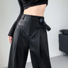 Women Fashion Casual Loose PU Wide Leg Pants