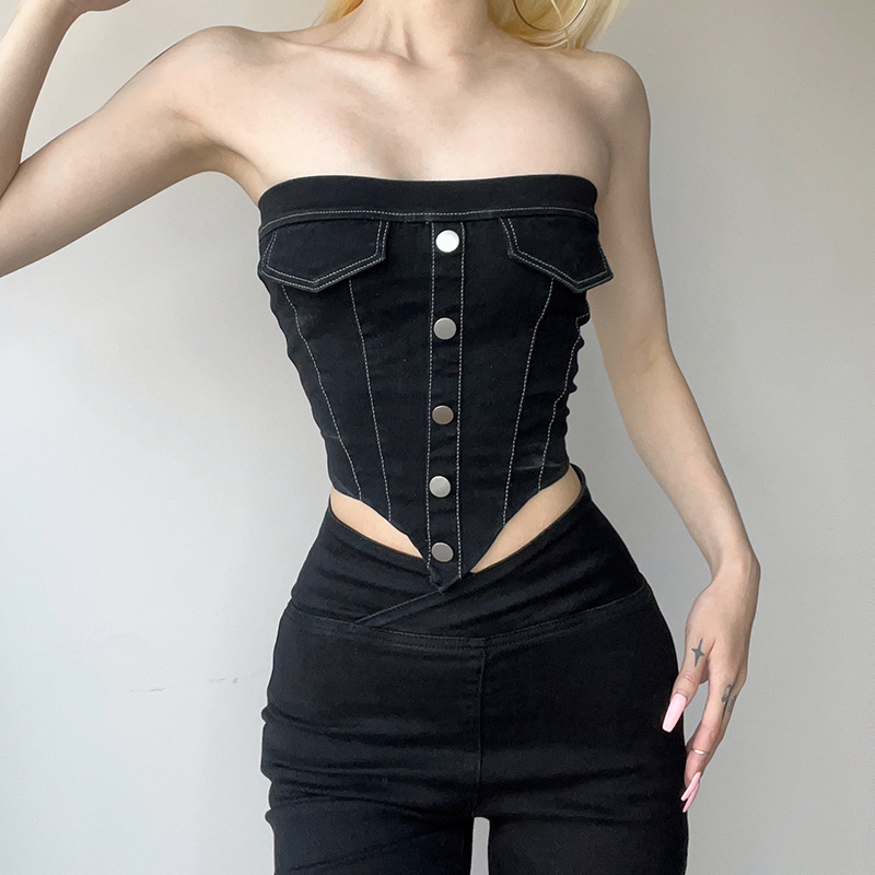 Women'S Fashion Edgy Back Bandage Irregular Denim Tube Top