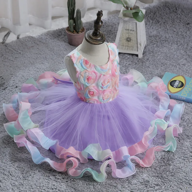 Kids Toddler Big Girls Fashion Party Cute Sweet Floral Flounced Pleated Sleeveless Mesh Party Tutu Dress